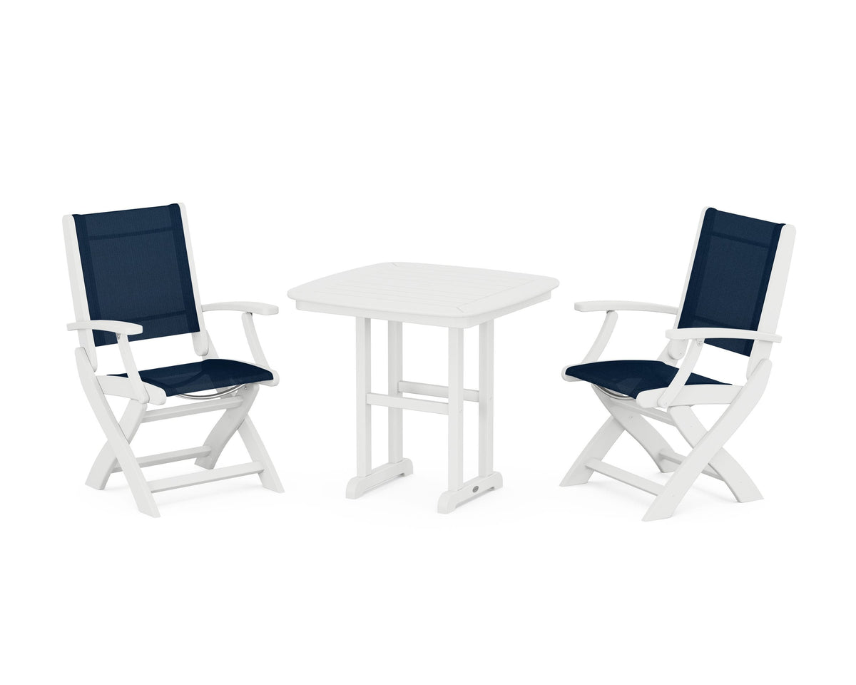 POLYWOOD Coastal Folding Chair 3-Piece Dining Set in White / Navy Blue
