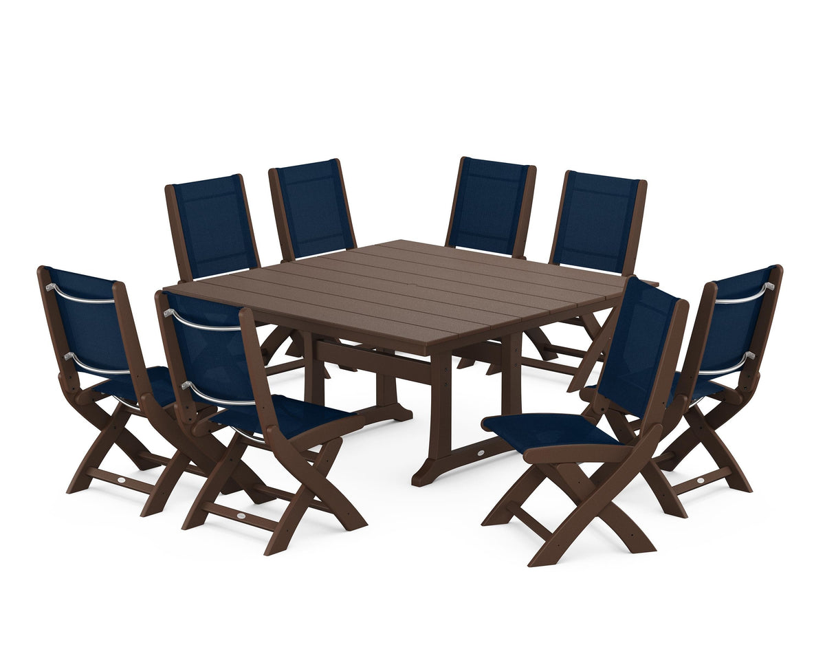 POLYWOOD Coastal Folding Side Chair 9-Piece Farmhouse Dining Set in Mahogany / Navy Blue