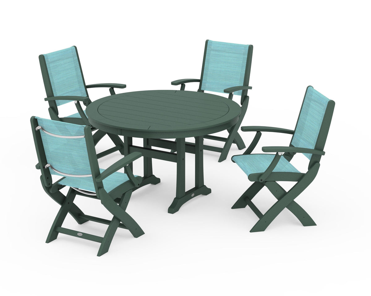 POLYWOOD Coastal Folding Chair 5-Piece Round Dining Set with Trestle Legs in Green / Dupioni Aquamarine