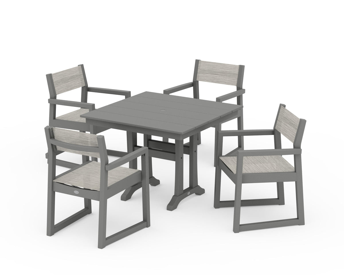 POLYWOOD EDGE Sling 5-Piece Farmhouse Dining Set with Trestle Legs in Slate Grey / Birch