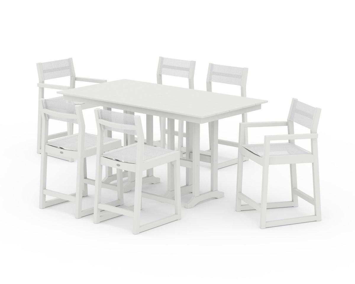 POLYWOOD EDGE Sling 7-Piece Farmhouse Counter Set with Trestle Legs in Vintage White / White