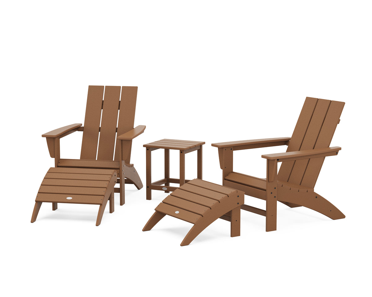 POLYWOOD Modern Adirondack Chair 5-Piece Set with Ottomans and 18" Side Table in Teak
