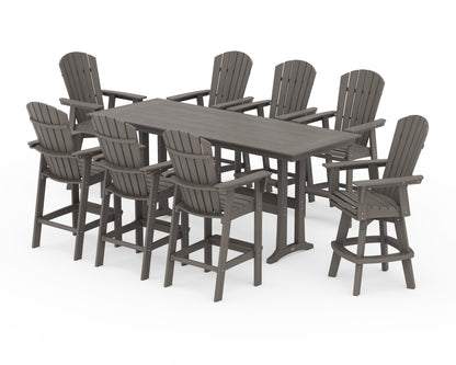 POLYWOOD Nautical Curveback Adirondack Swivel Chair 9-Piece Farmhouse Bar Set with Trestle Legs in Driftwood