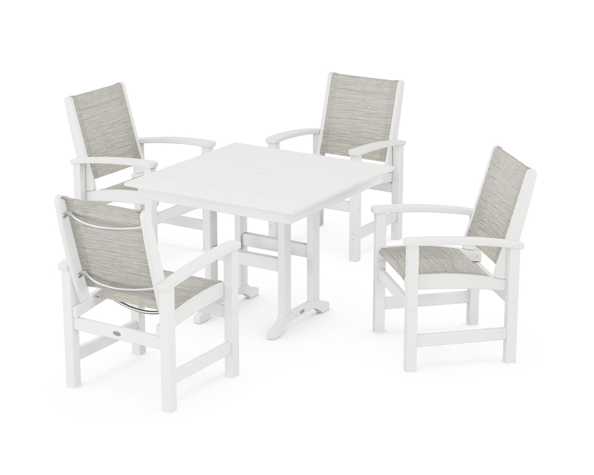 POLYWOOD Coastal 5-Piece Farmhouse Dining Set with Farmhouse 37" Dining Table in White / Birch