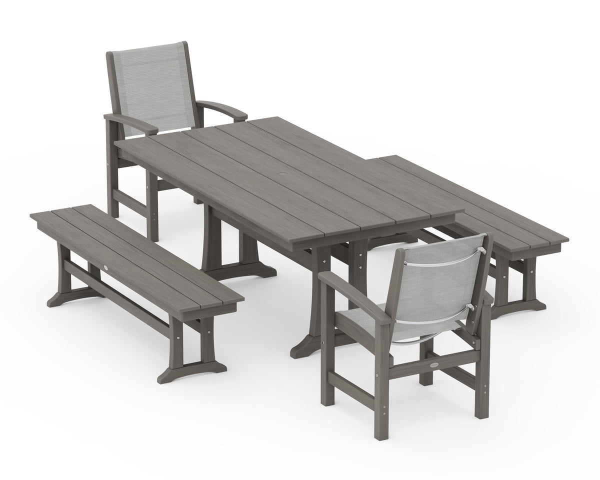 POLYWOOD Coastal 5-Piece Farmhouse Dining Set with Trestle Legs and Benches in Driftwood / Metallic