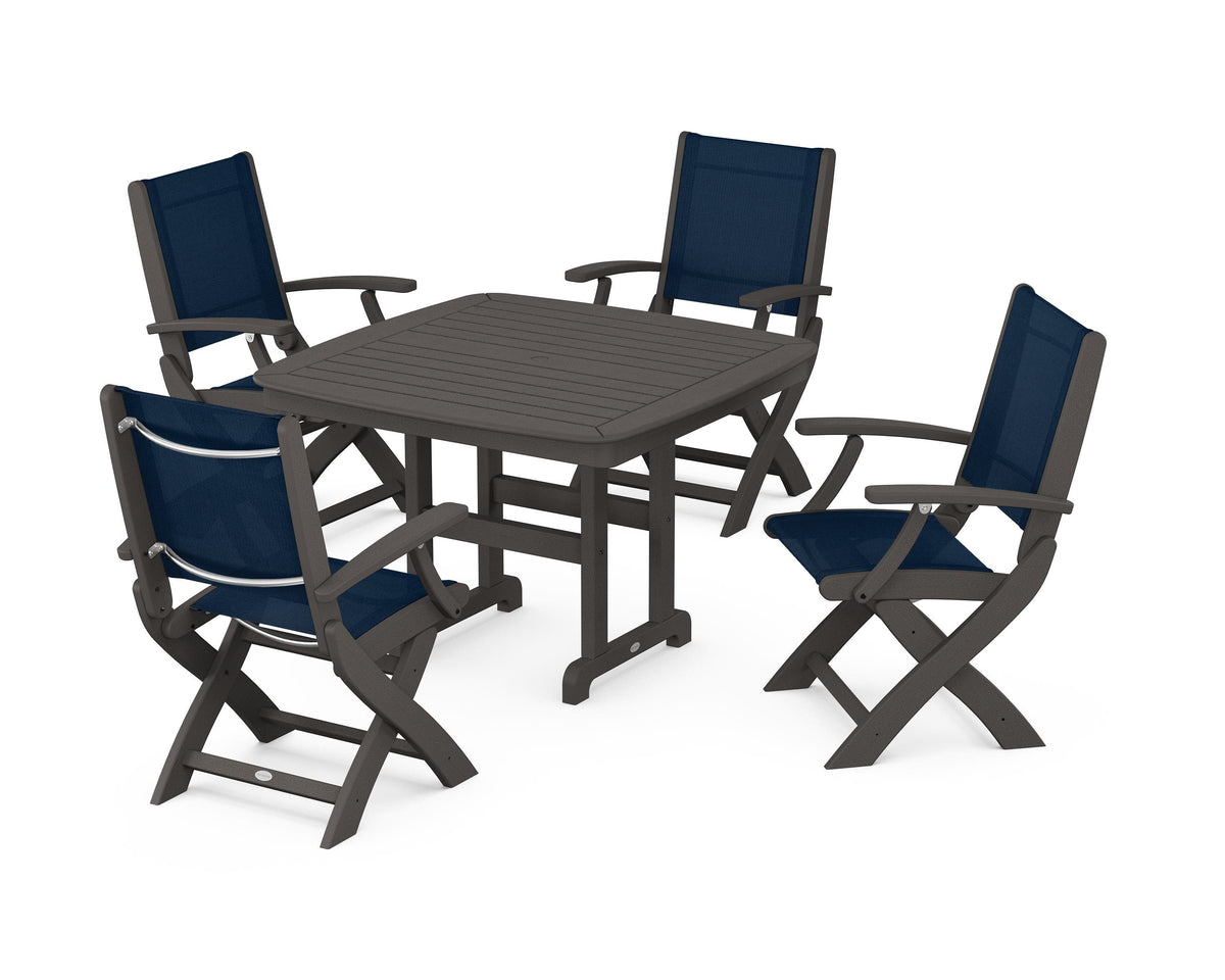 POLYWOOD Coastal Folding Chair 5-Piece Dining Set with Nautical 44" Dining Table in Vintage Coffee / Navy Blue