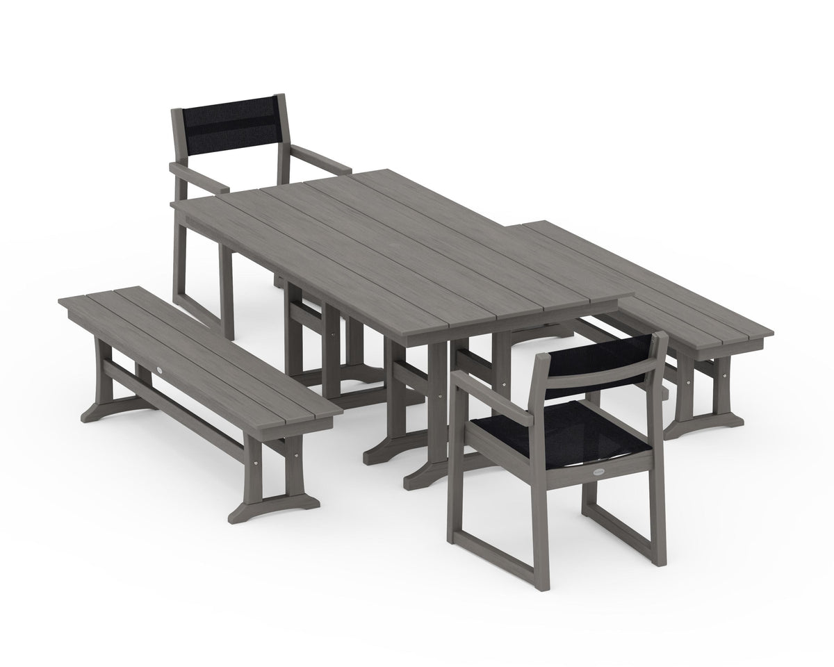 POLYWOOD EDGE Sling Arm Chair 5-Piece Farmhouse Dining Set with Benches in Driftwood / Black