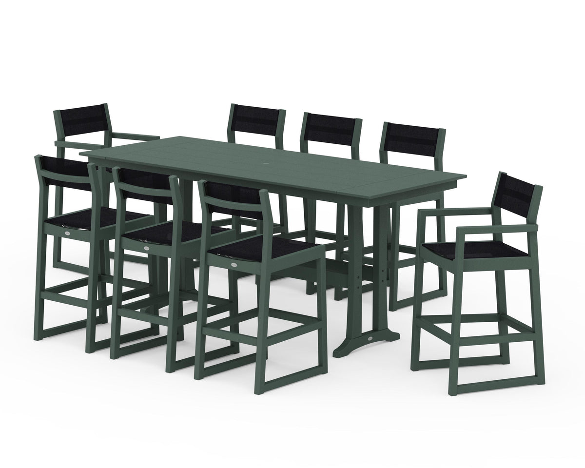 POLYWOOD EDGE Sling 9-Piece Farmhouse Bar Set with Trestle Legs in Green / Black