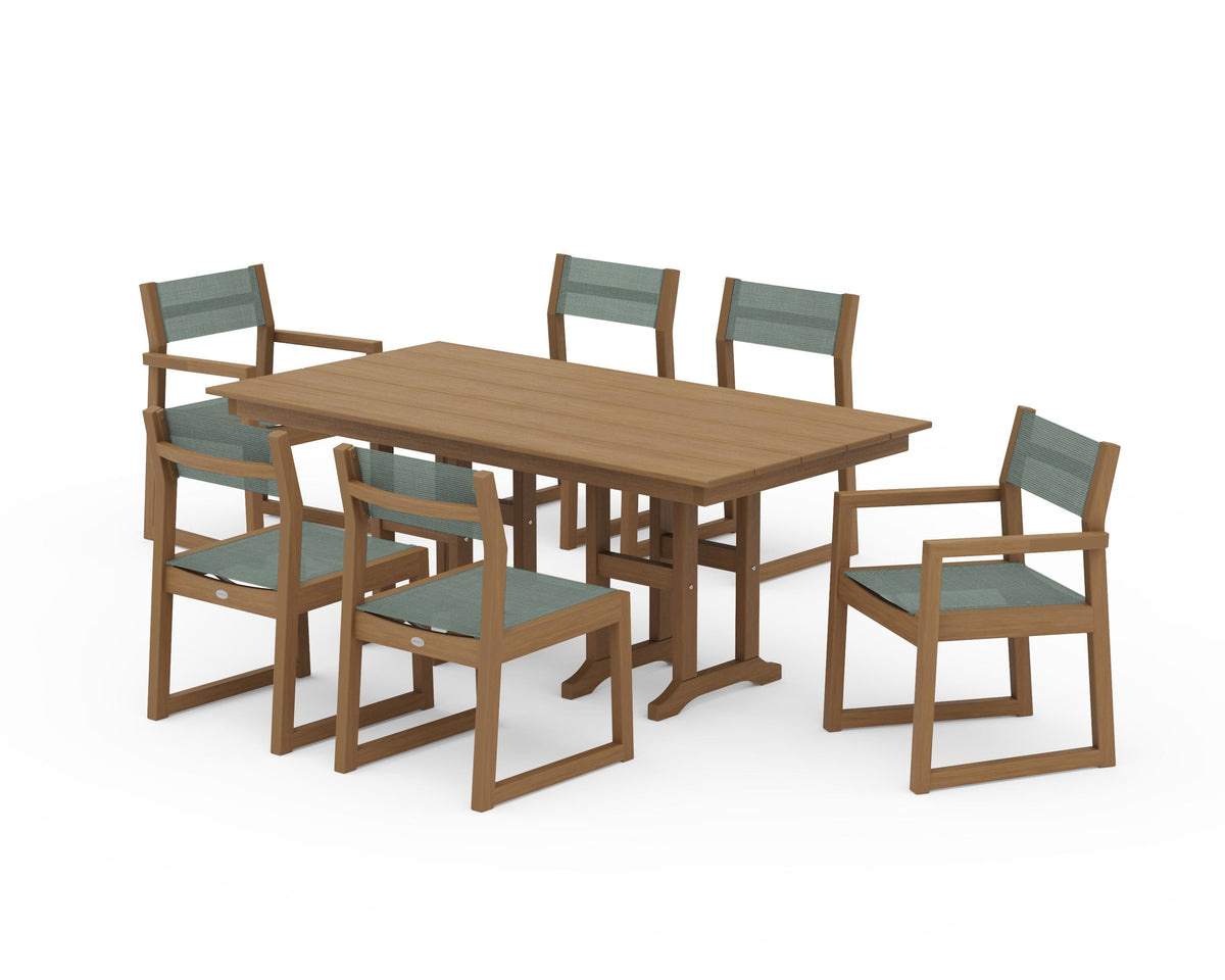 POLYWOOD EDGE Sling 7-Piece Farmhouse Dining Set in Natural / Dupioni Sea Mist