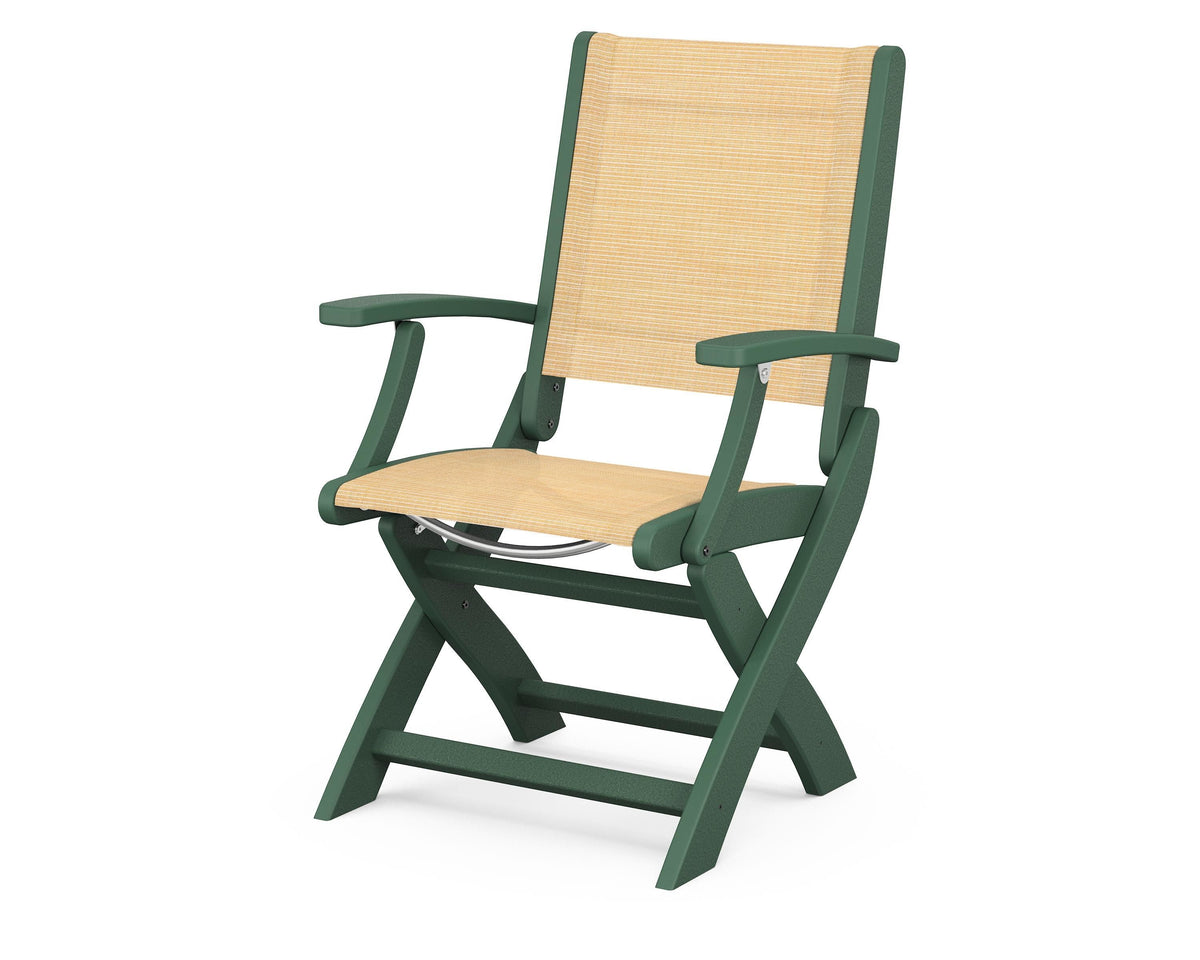 POLYWOOD Coastal Folding Chair in Green with Green arms and Dupioni Apricot sling