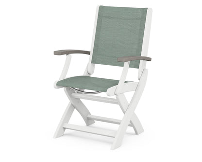 POLYWOOD Coastal Folding Chair in White with Driftwood arms and Dupioni Sea Mist sling