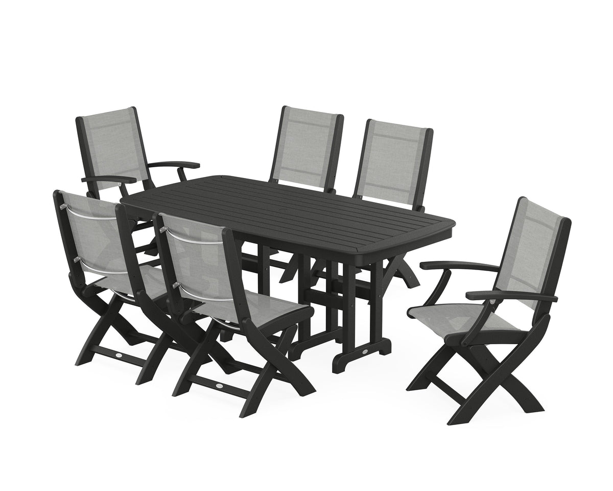 POLYWOOD Coastal Folding Chair 7-Piece Dining Set in Black / Metallic