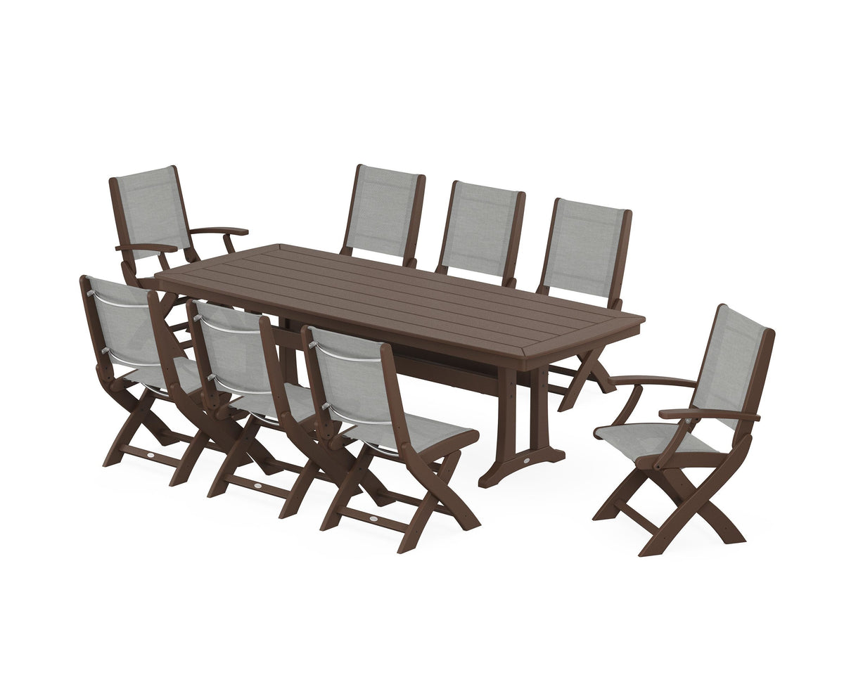 POLYWOOD Coastal Folding 9-Piece Dining Set with Trestle Legs in Mahogany / Metallic