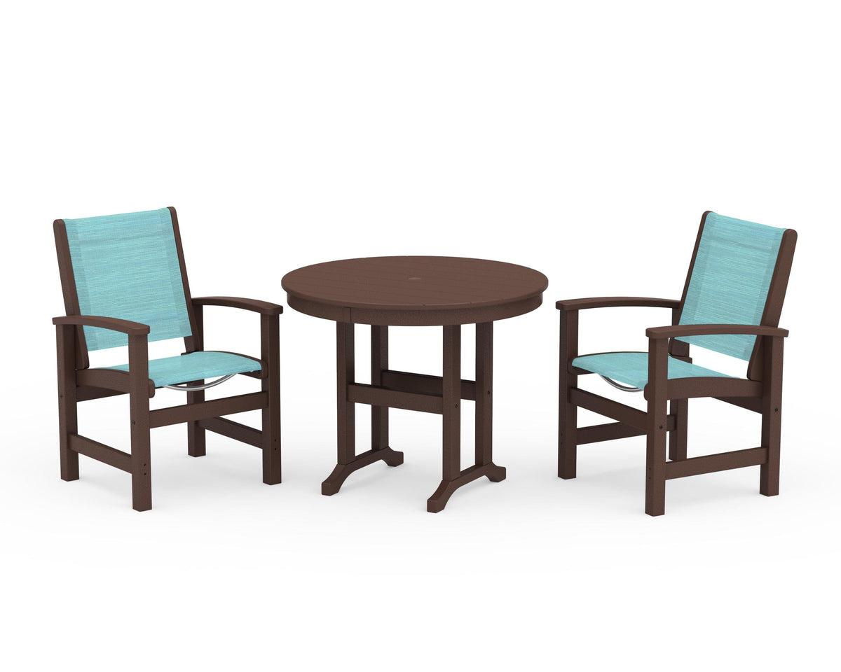 POLYWOOD Coastal 3-Piece Round Dining Set in Mahogany / Dupioni Aquamarine