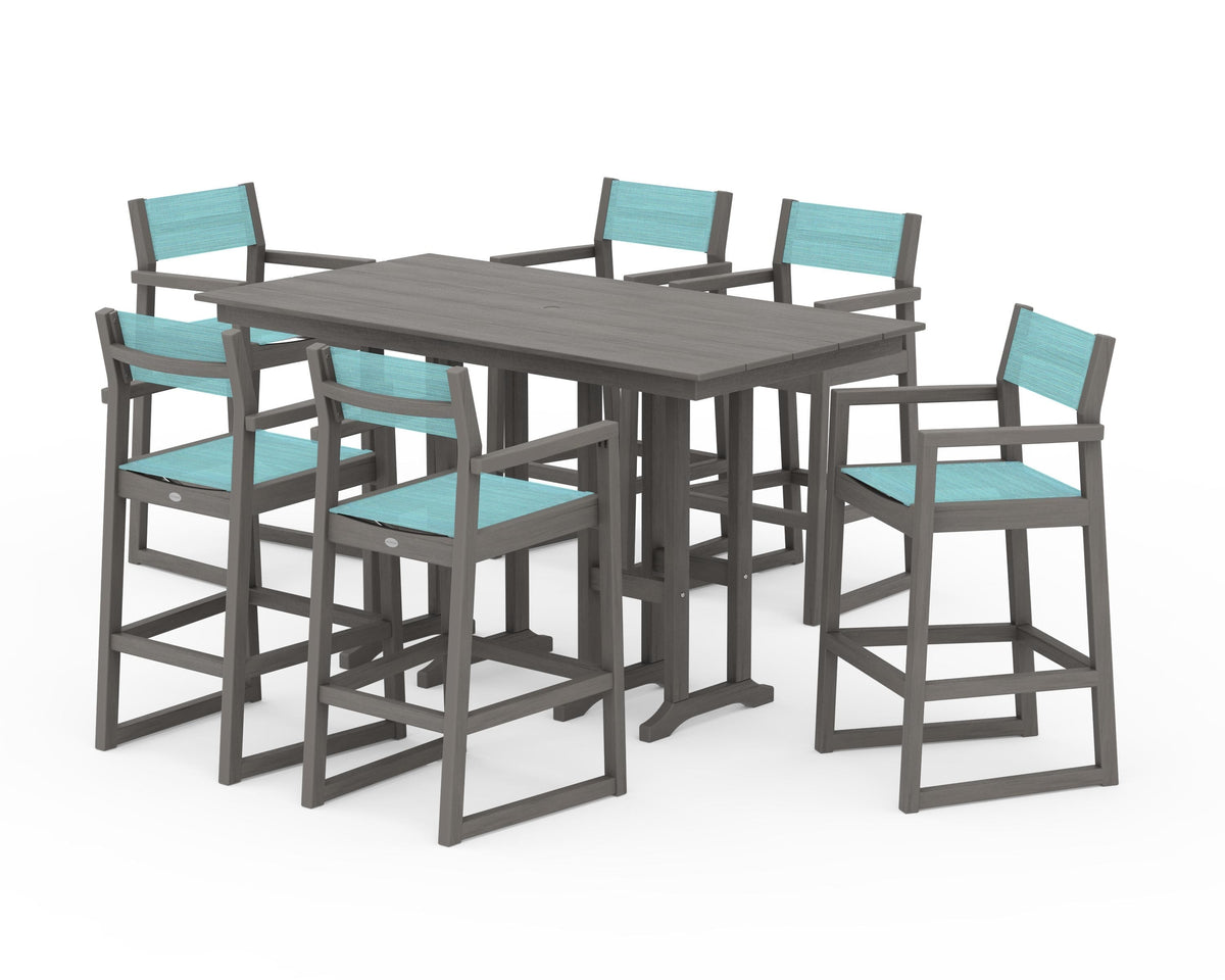 POLYWOOD EDGE Sling Arm Chair 7-Piece Farmhouse Bar Set in Driftwood / Dupioni Aquamarine