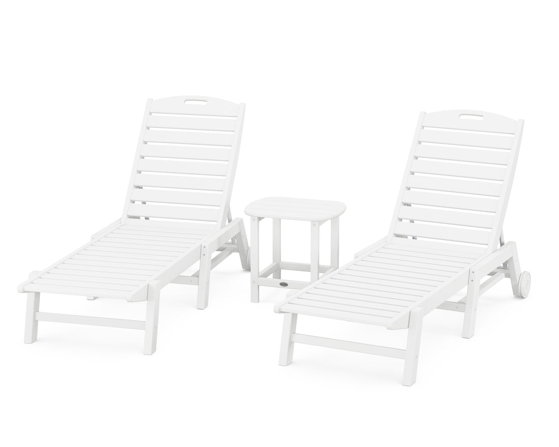 POLYWOOD Nautical 3-Piece Wheeled Chaise Set with South Beach 18" Side Table in White