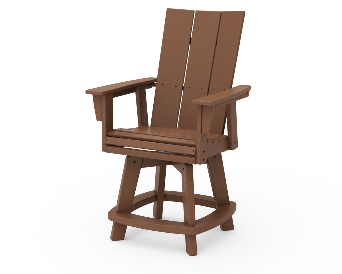 POLYWOOD Modern Curveback Adirondack Swivel Counter Chair in Teak
