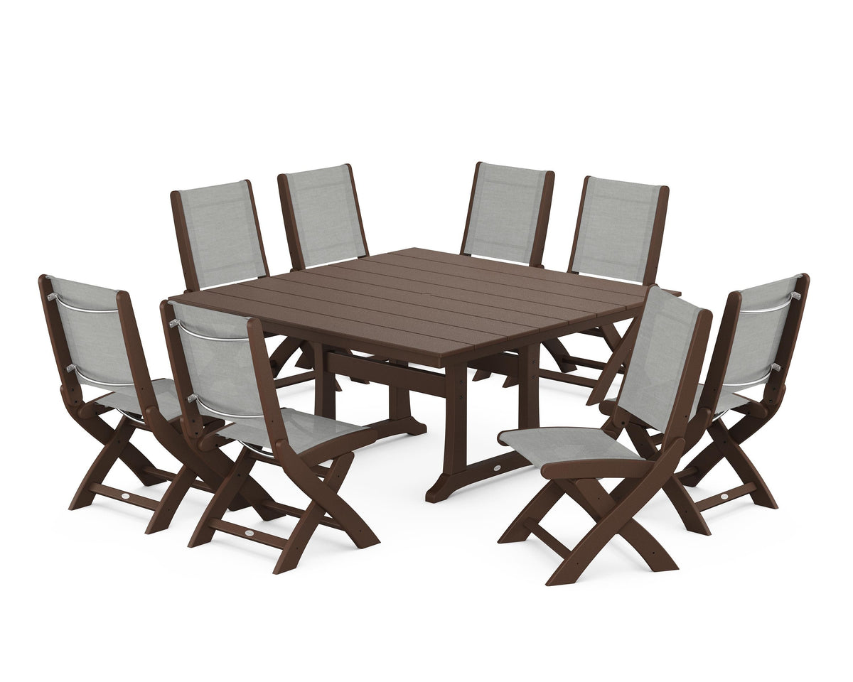 POLYWOOD Coastal Folding Side Chair 9-Piece Farmhouse Dining Set in Mahogany / Metallic