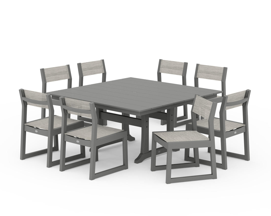 POLYWOOD EDGE Sling Side Chair 9-Piece Farmhouse Trestle Dining Set in Slate Grey / Birch