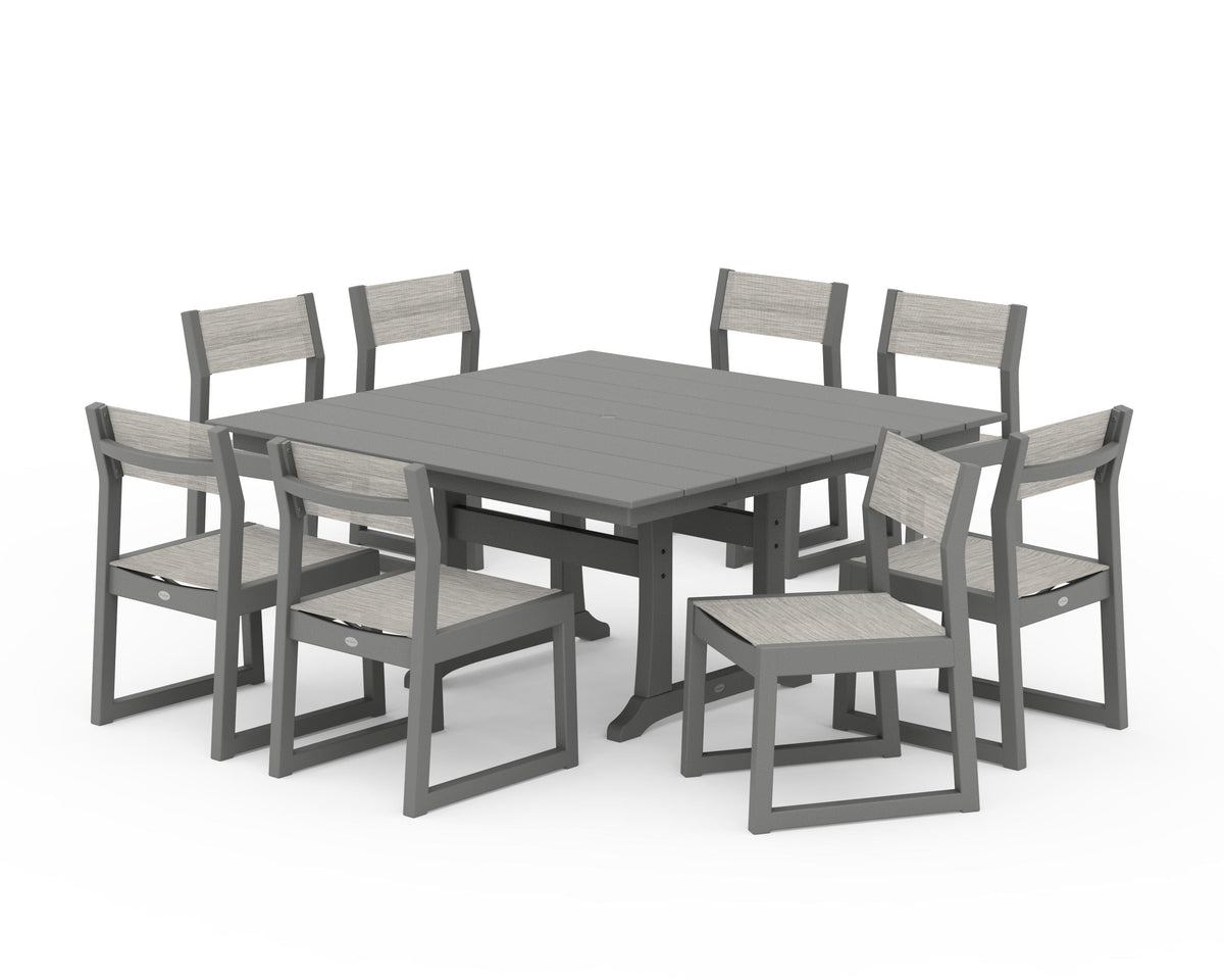 POLYWOOD EDGE Sling Side Chair 9-Piece Farmhouse Trestle Dining Set in Slate Grey / Birch