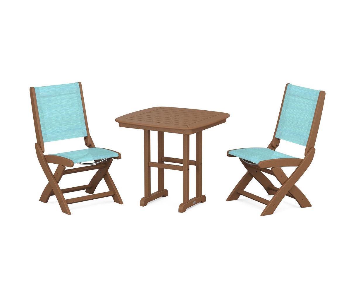 POLYWOOD Coastal Folding Side Chair 3-Piece Dining Set in Teak / Dupioni Aquamarine