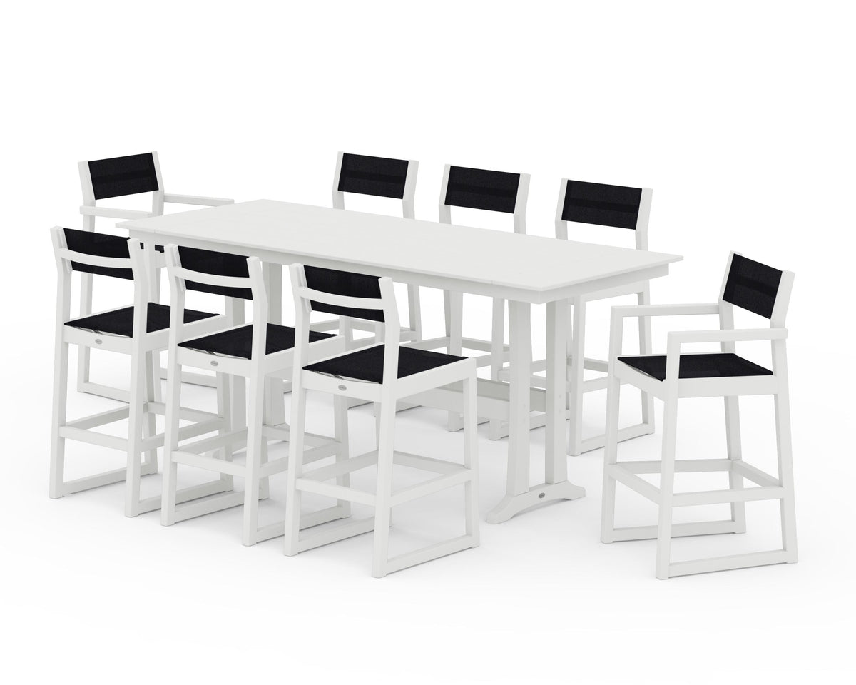 POLYWOOD EDGE Sling 9-Piece Farmhouse Bar Set with Trestle Legs in Vintage White / Black