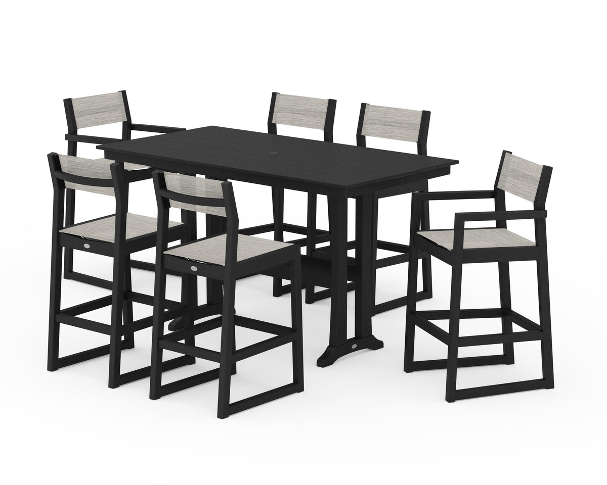 POLYWOOD EDGE Sling 7-Piece Farmhouse Bar Set with Trestle Legs in Black / Birch