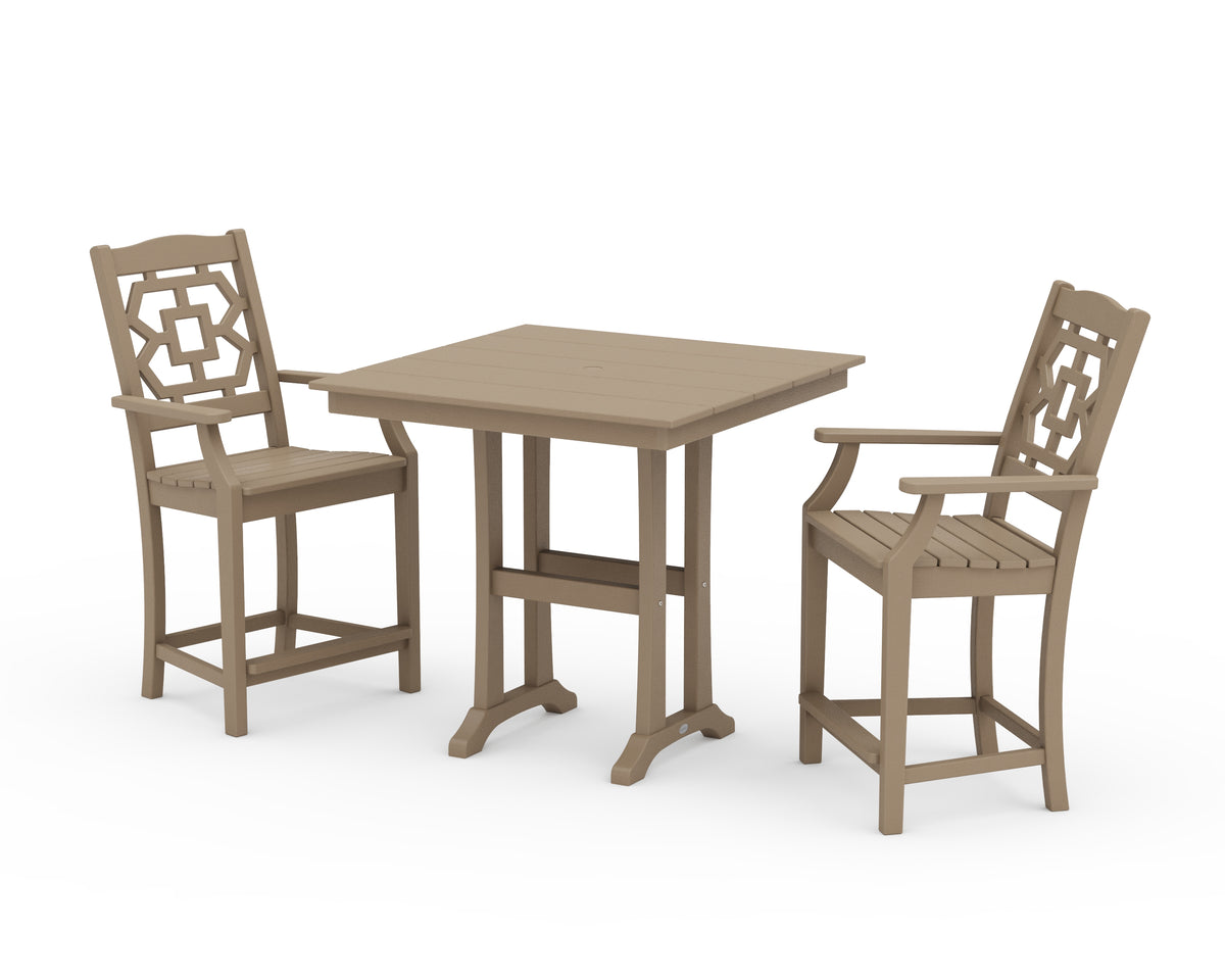 POLYWOOD Chinoiserie 3-Piece Farmhouse Counter Set with Trestle Legs in Vintage Sahara