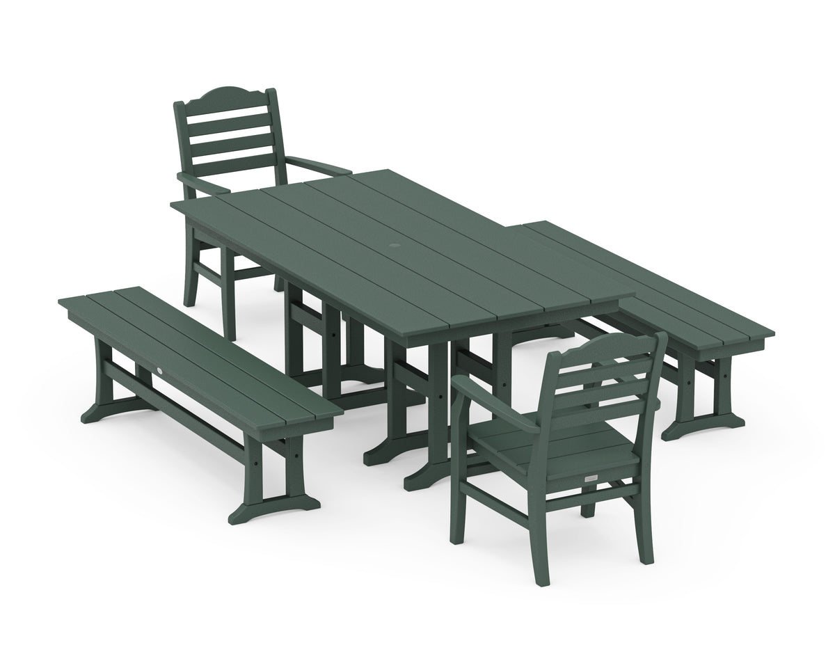 POLYWOOD Savannah 5-Piece Farmhouse Dining Set with Benches in Green