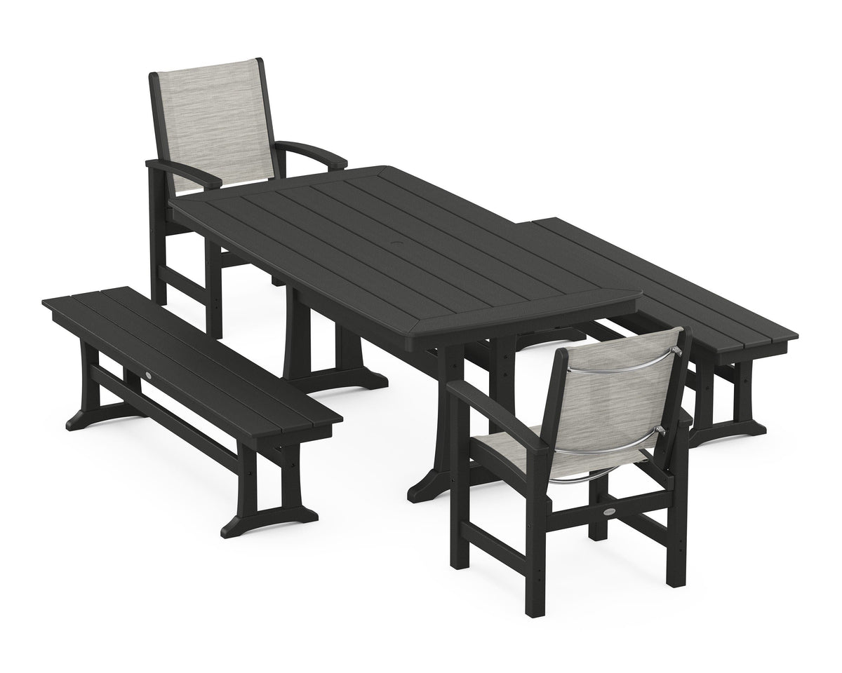 POLYWOOD Coastal 5-Piece Dining Set with Trestle Legs and Benches in Black / Birch