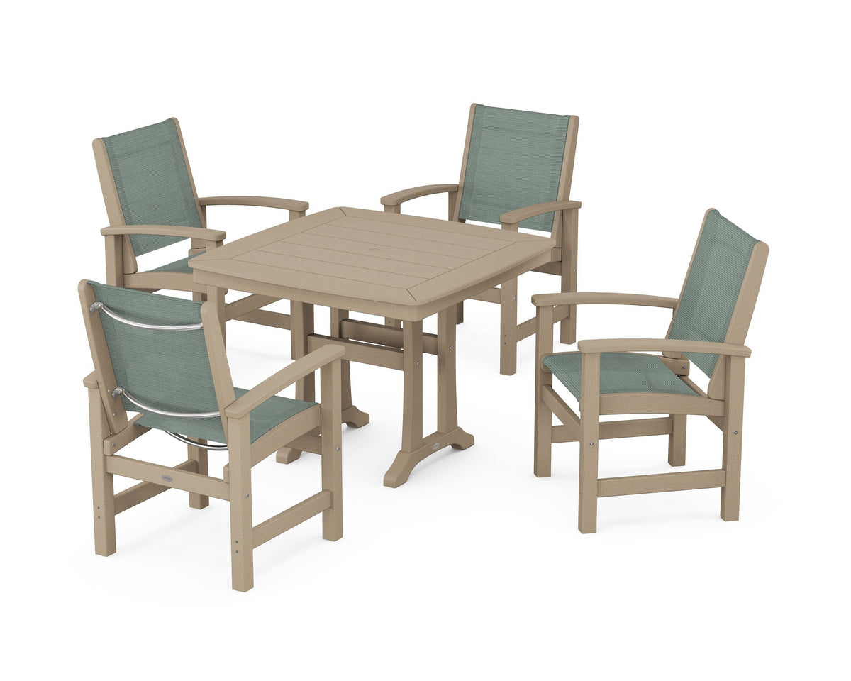 POLYWOOD Coastal 5-Piece Dining Set with Trestle Legs with Nautical Trestle 37" Dining Table in Vintage Sahara / Dupioni Sea Mist