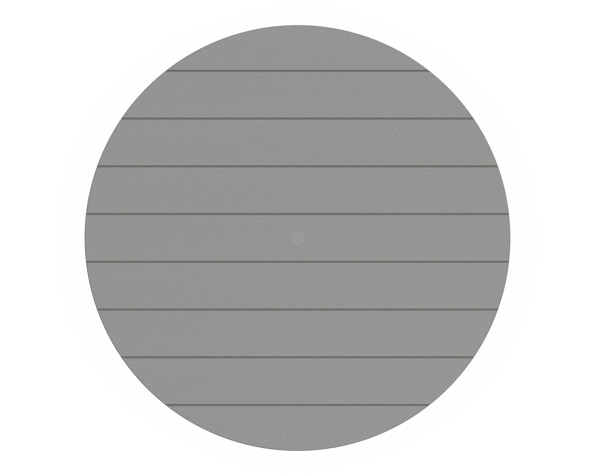 Angled view of the POLYWOOD 48" Round Farmhouse Dining Table in Slate Grey