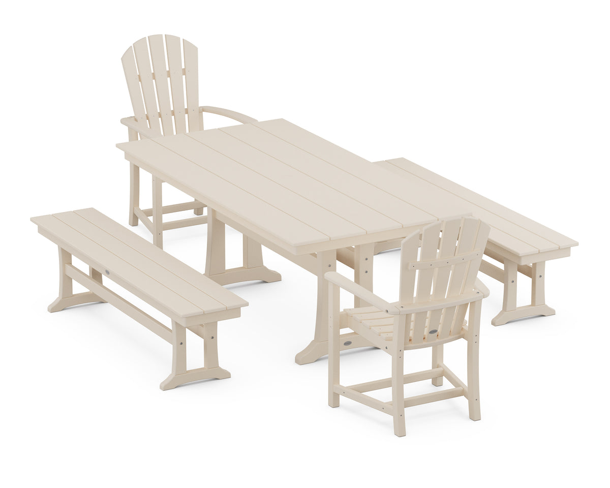 POLYWOOD Palm Coast 5-Piece Farmhouse Dining Set with Trestle Legs - 37" x 72" Table in Sand
