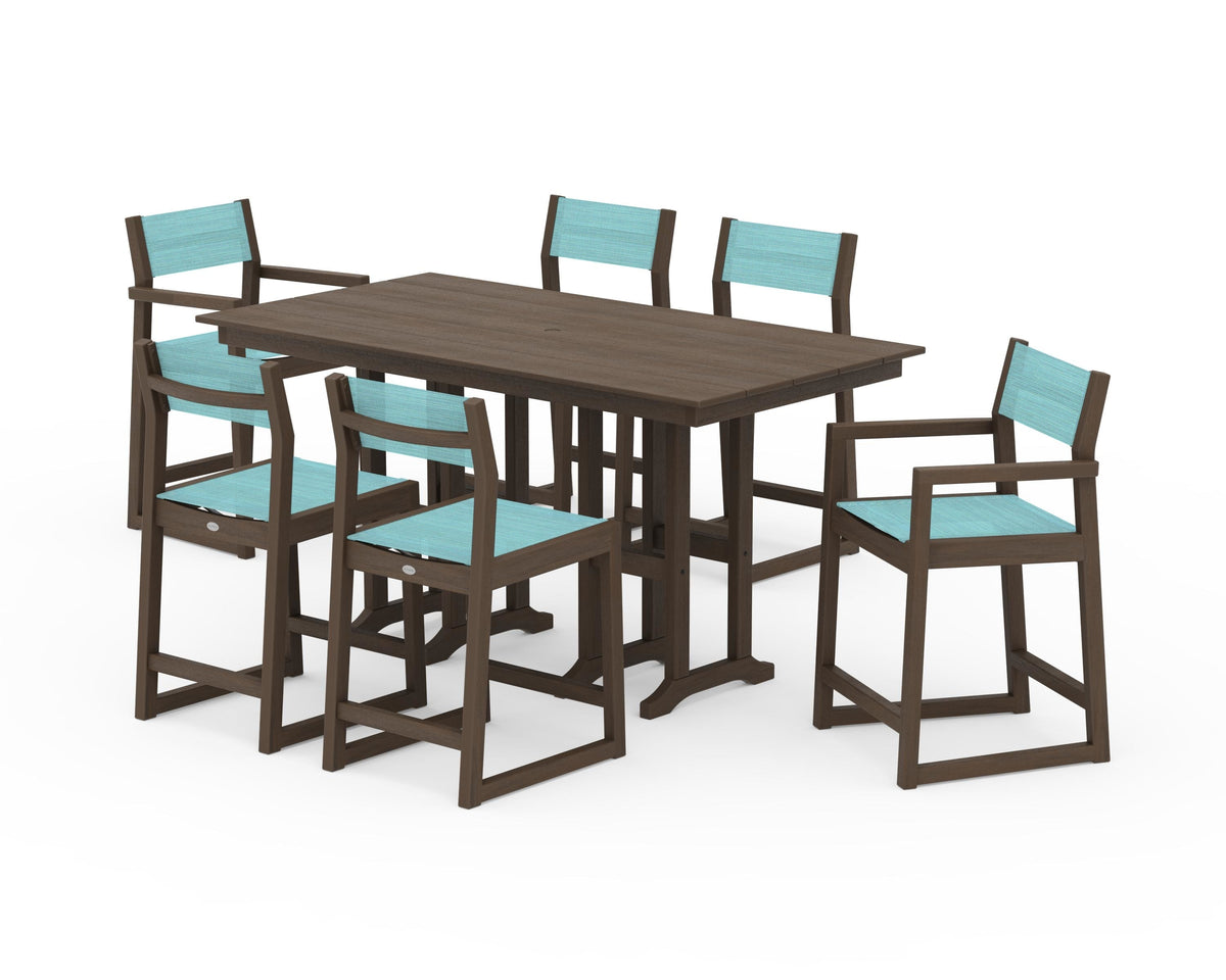POLYWOOD EDGE Sling 7-Piece Farmhouse Counter Set with Trestle Legs in Kona / Dupioni Aquamarine