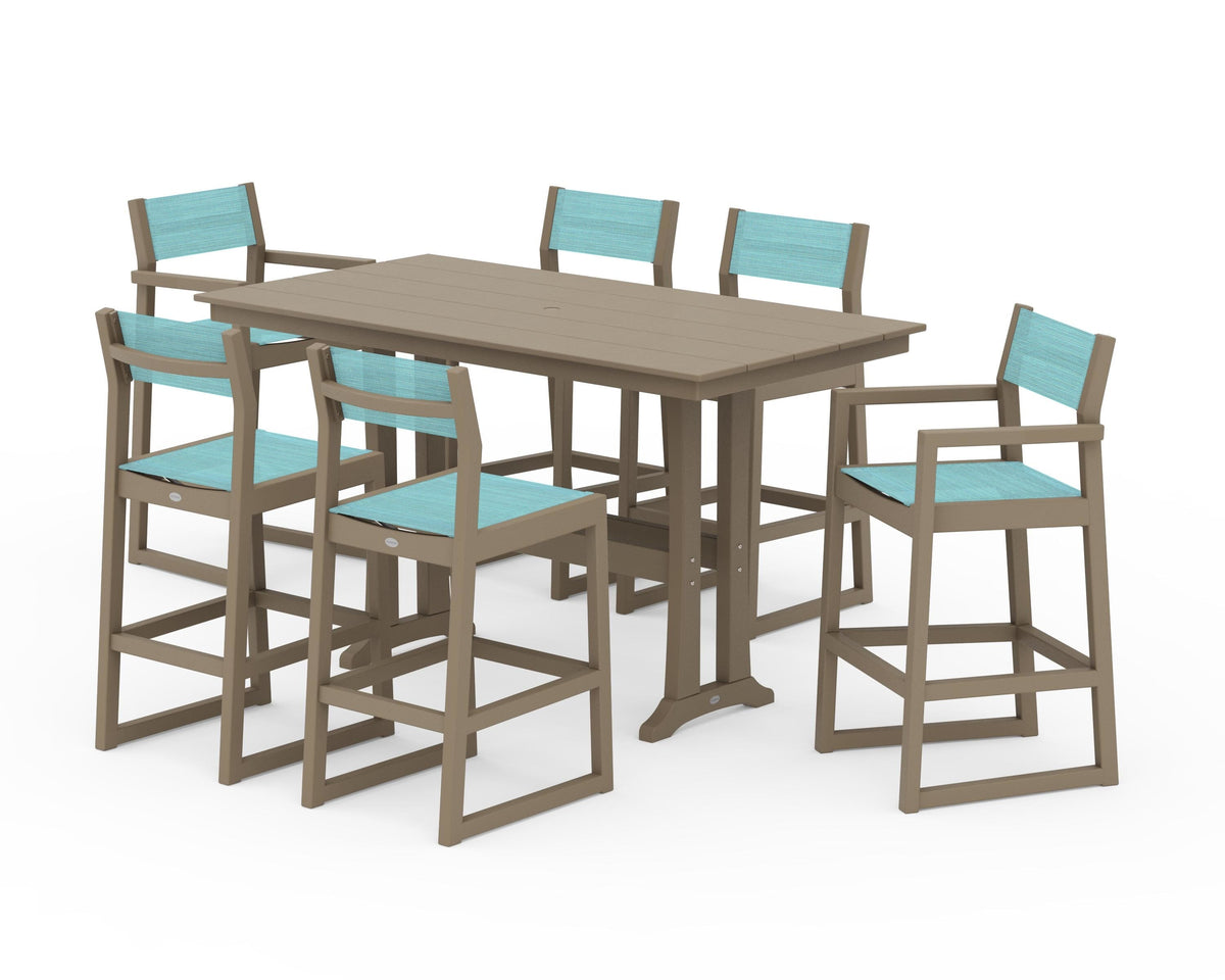 POLYWOOD EDGE Sling 7-Piece Farmhouse Bar Set with Trestle Legs in Vintage Sahara / Dupioni Aquamarine