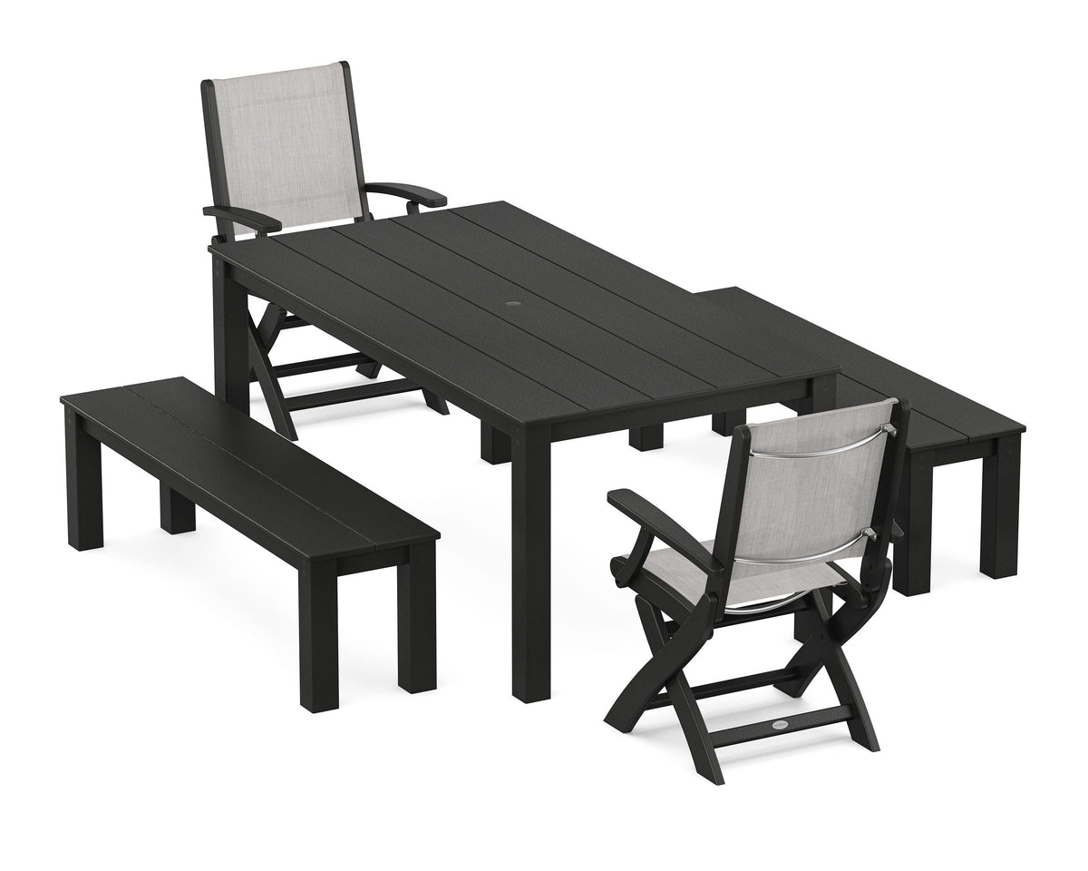 POLYWOOD Coastal Folding Chair 5-Piece Parsons Dining Set with Benches in Black / Parchment
