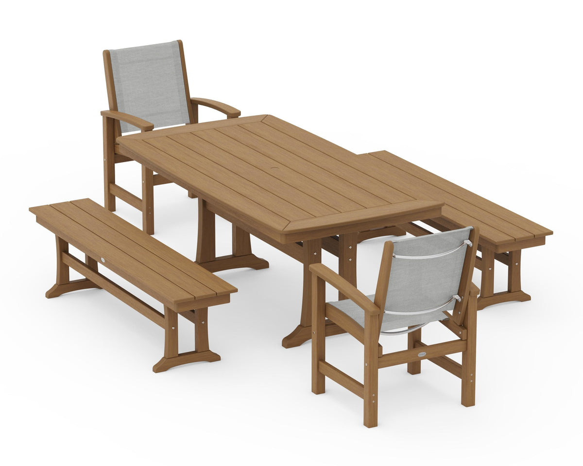POLYWOOD Coastal 5-Piece Dining Set with Trestle Legs and Benches in Natural / Metallic