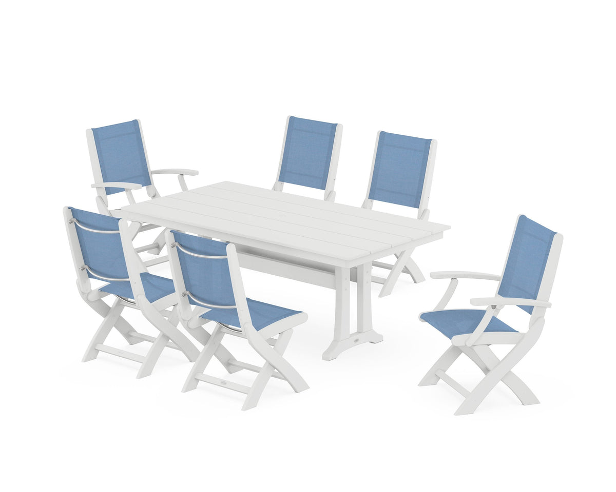 POLYWOOD Coastal Folding Chair 7-Piece Farmhouse Dining Set with Trestle Legs in White / Poolside