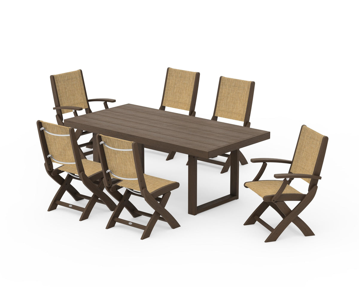 POLYWOOD Coastal Folding Chair 7-Piece Dining Set with Trestle Legs with EDGE 40" x 78" Dining Table in Kona / Burlap