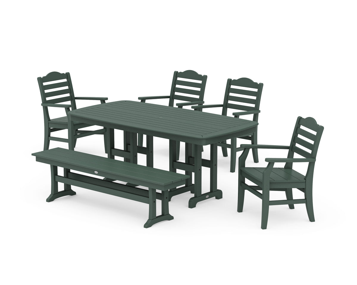 POLYWOOD Savannah 6-Piece Farmhouse Dining Set with Bench with Nautical 37" x 72" Dining Table in Green