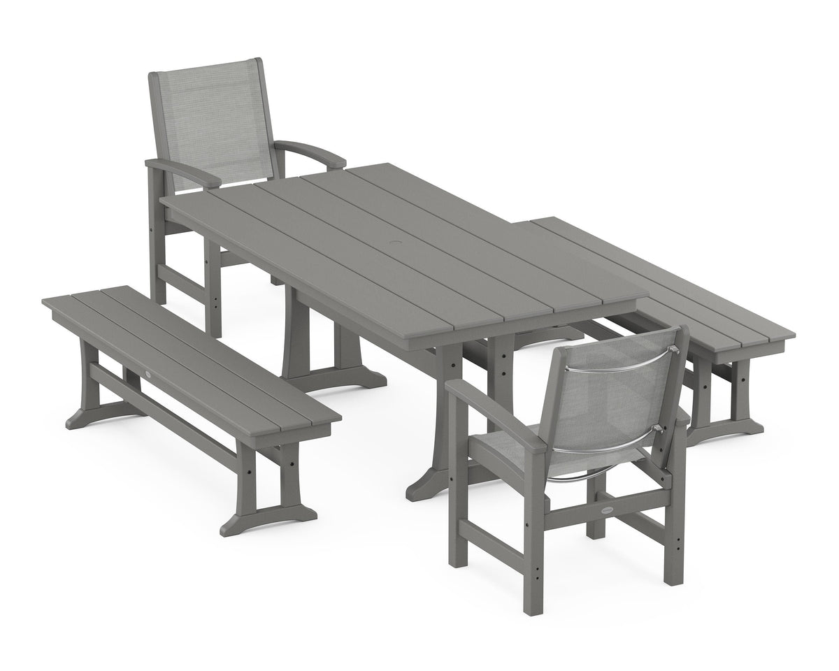 POLYWOOD Coastal 5-Piece Farmhouse Dining Set with Trestle Legs and Benches in Slate Grey / Metallic