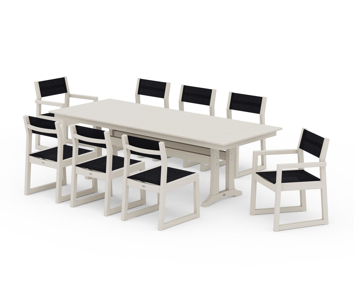 POLYWOOD EDGE Sling 9-Piece Farmhouse Trestle Dining Set in Sand / Black