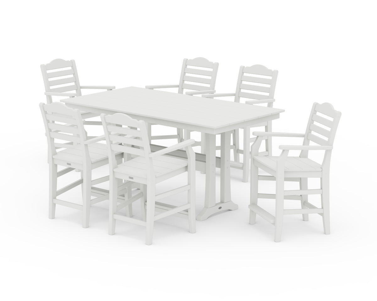 POLYWOOD Savannah Arm Chair 7-Piece Farmhouse Counter Set with Trestle Legs in Vintage White