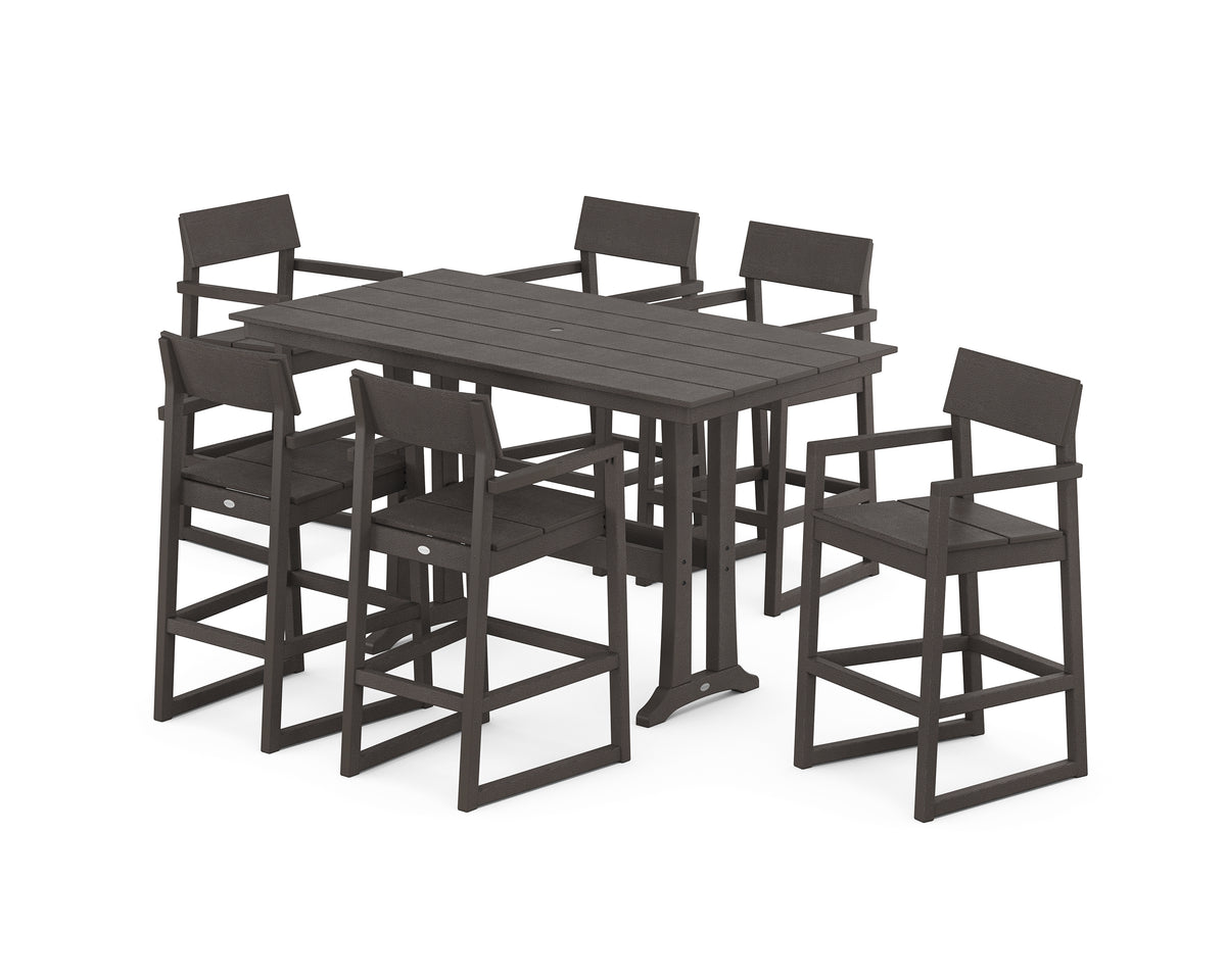 POLYWOOD EDGE Arm Chair 7-Piece Farmhouse Bar Set with Trestle Legs in Vintage Coffee