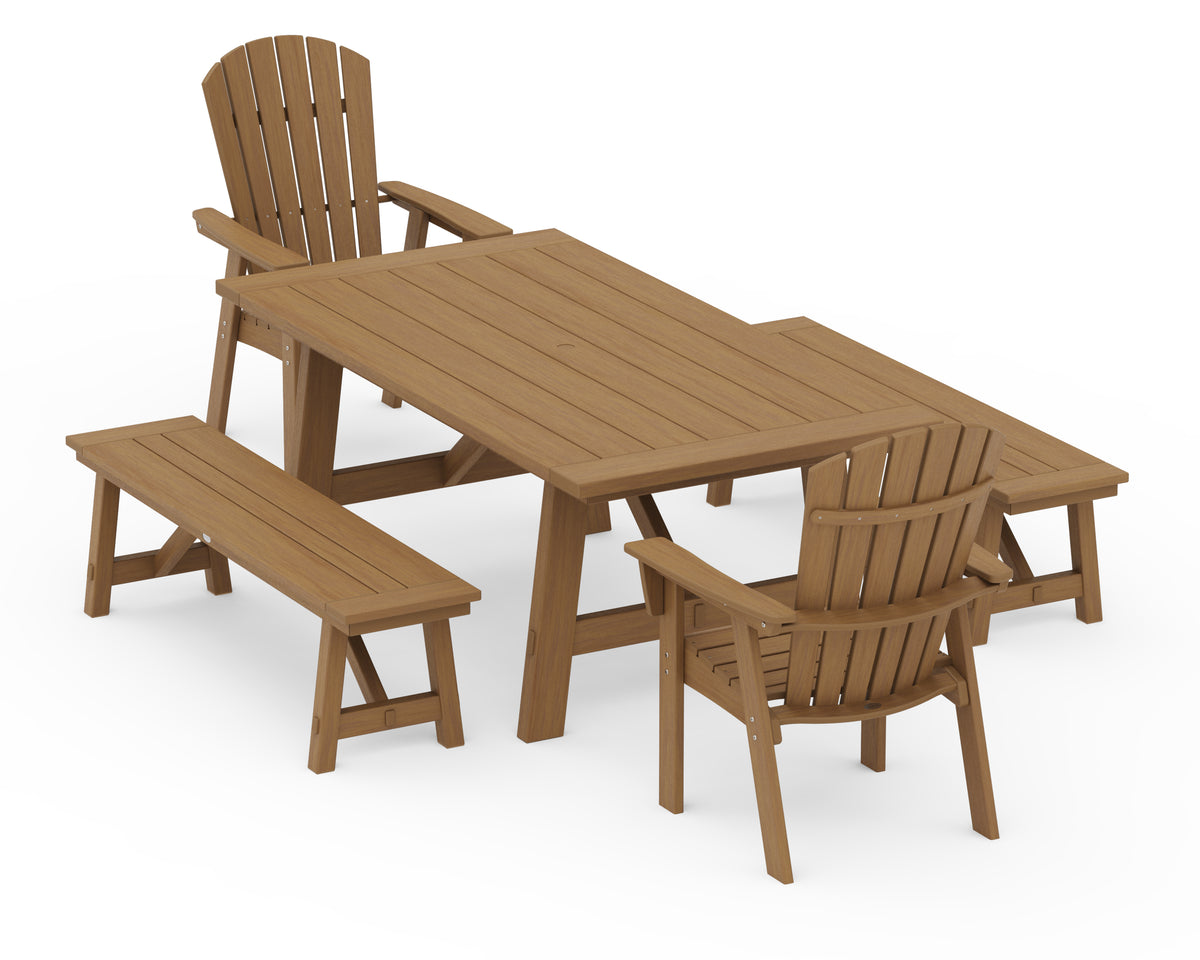 POLYWOOD Nautical Curveback Adirondack 5-Piece Rustic Farmhouse Dining Set with Benches in Natural