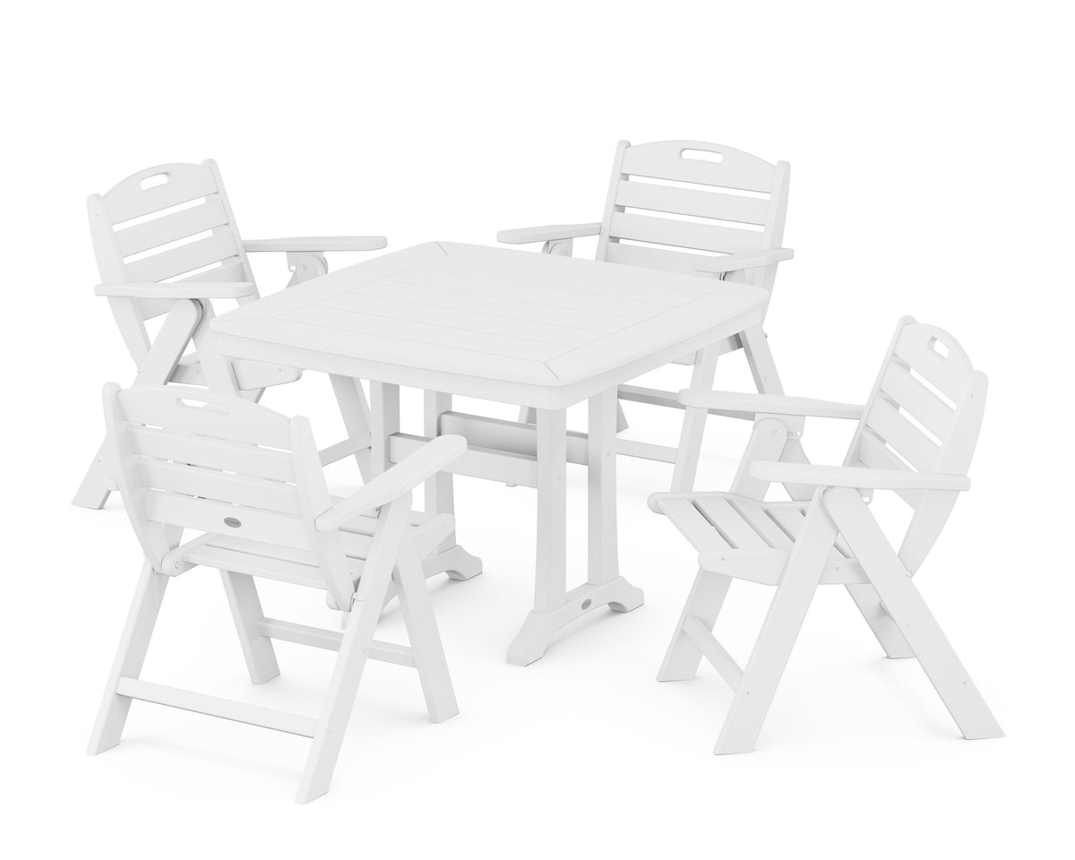 POLYWOOD Nautical Folding Lowback Chair 5-Piece Dining Set with Trestle Legs - 37" Table in White