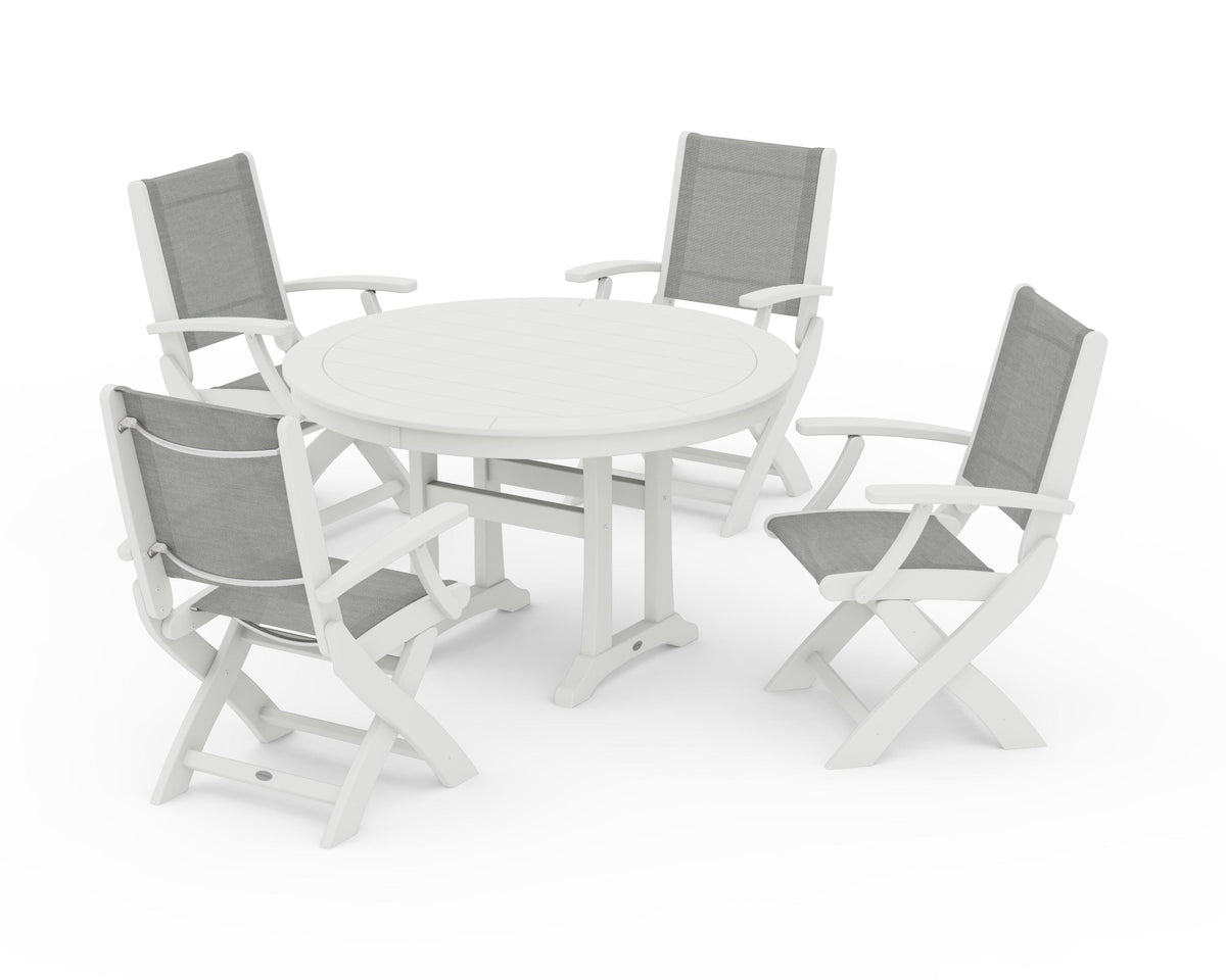 POLYWOOD Coastal Folding Chair 5-Piece Round Dining Set with Trestle Legs in Vintage White / Metallic
