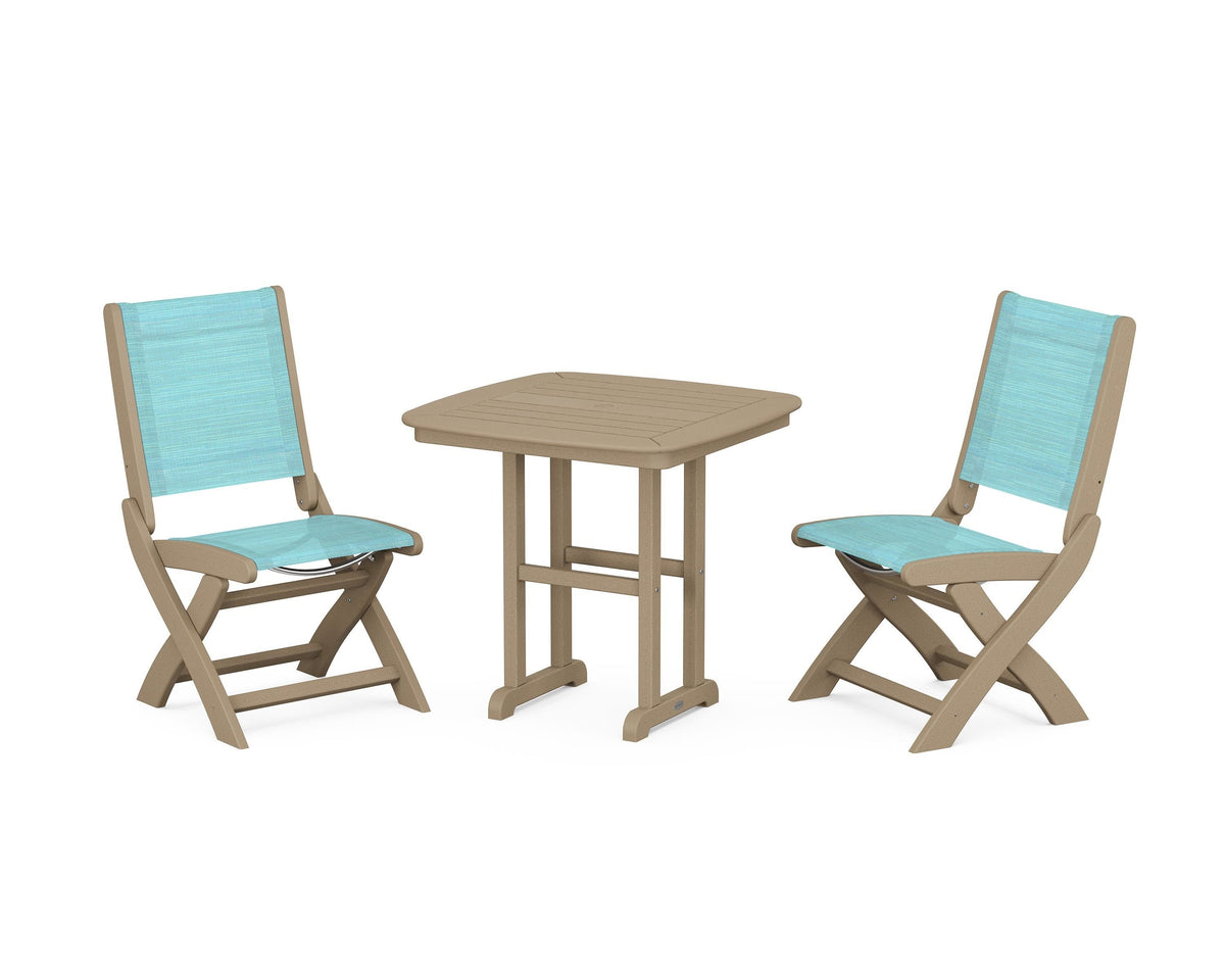 POLYWOOD Coastal Folding Side Chair 3-Piece Dining Set in Vintage Sahara / Dupioni Aquamarine