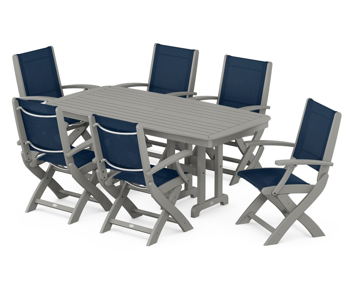 POLYWOOD Coastal Folding Arm Chair 7-Piece Dining Set in Slate Grey / Navy Blue