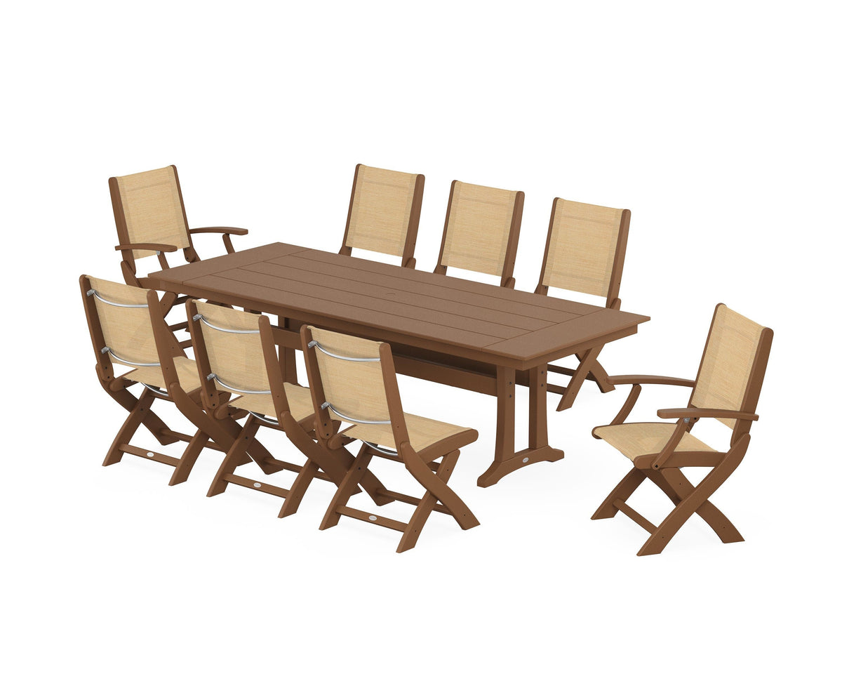 POLYWOOD Coastal 9-Piece Folding Dining Chair Farmhouse Dining Set with Trestle Legs in Teak / Dupioni Apricot